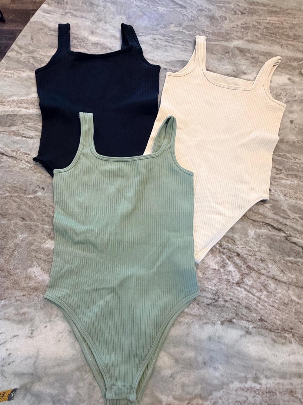 NWOT OQQ Women’s Small 3 Pack Ribbed Square Neck Bodysuits Black Sage Cream